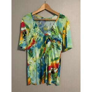 Vintage Essex Top Womens Medium Multicolor Abstract Ruched Short Sleeve Boho Y2K